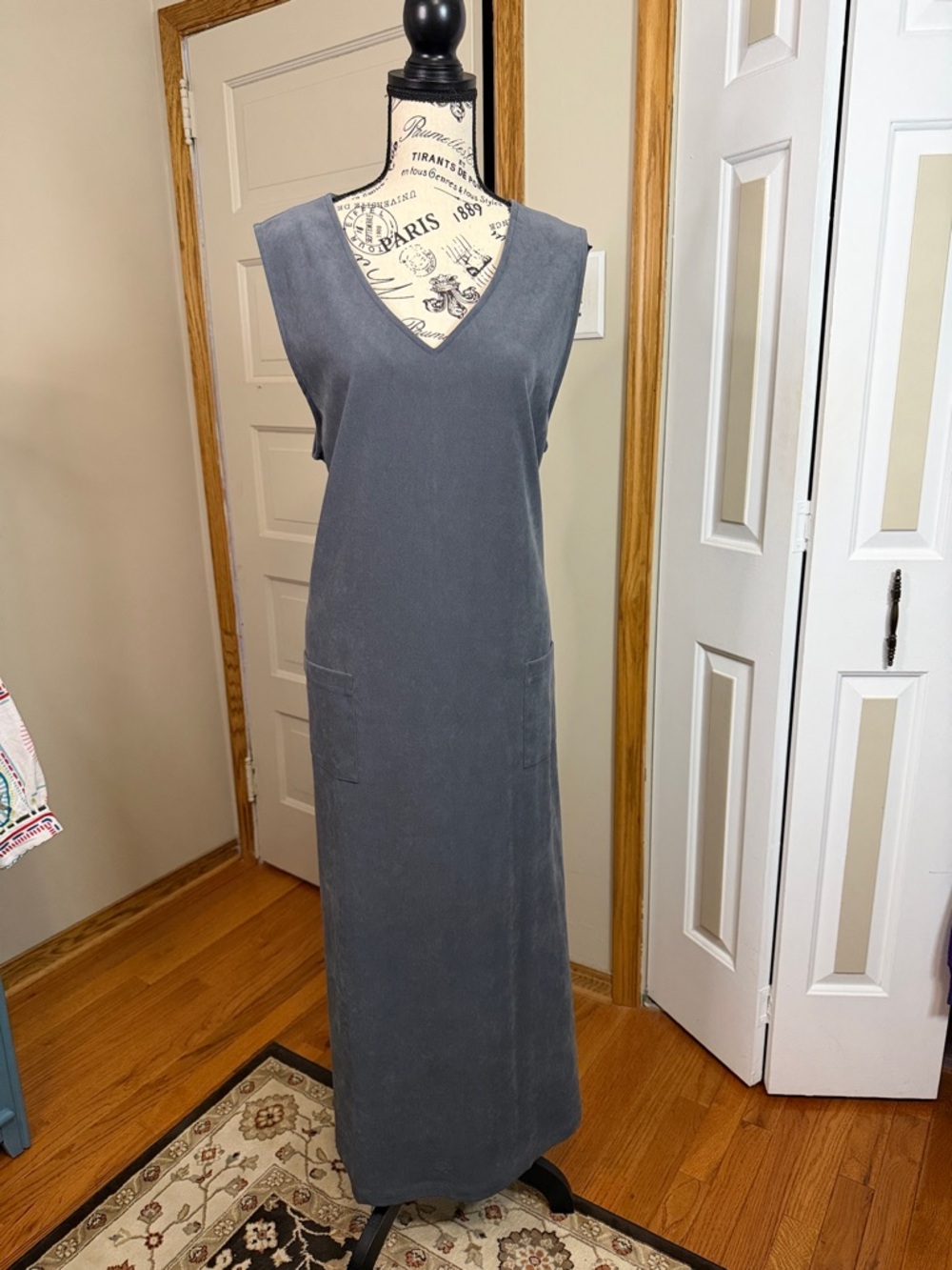 LLBean Womens 18 Sleeveless V Neck Maxi Length Gray Romper Pockets Lagenlook - Picture 1 of 10